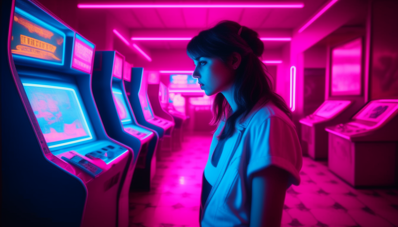 woman in arcade room game of 80's. image color neon pink and blue