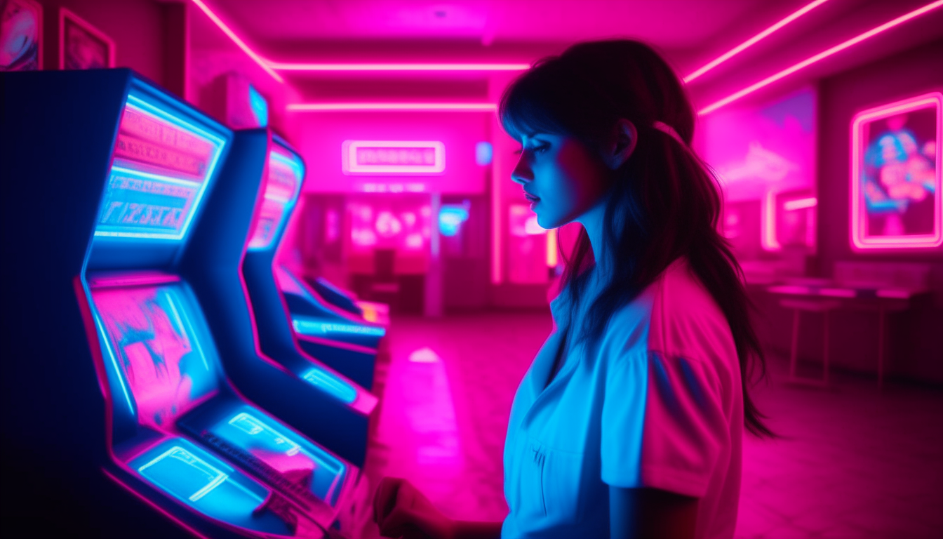 woman in arcade room game of 80's. image color neon pink and blue