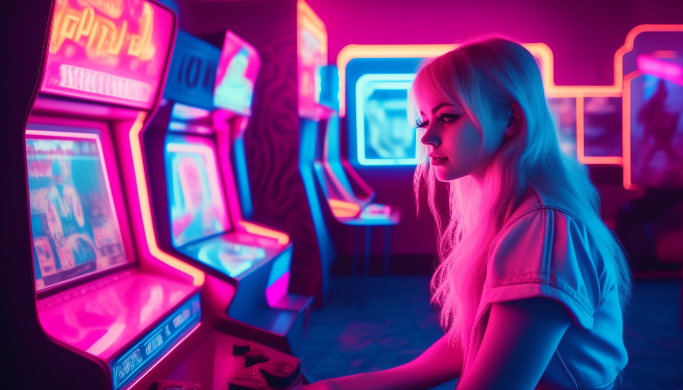 a blonde girl playing an arcade game in a 1980's room filled with neon pink and blue lighting