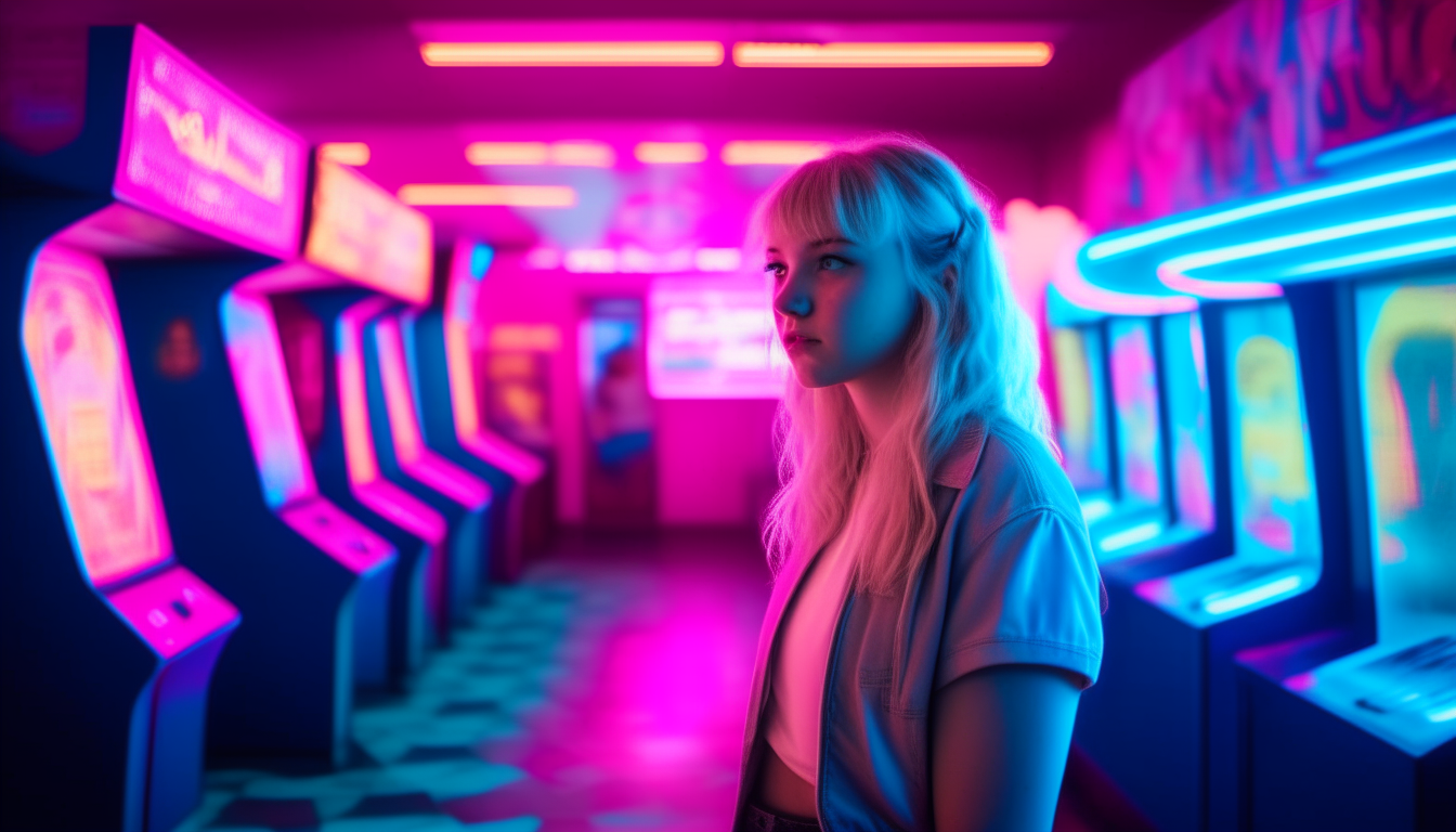 a blonde girl standing in an 1980's arcade room filled with neon pink and blue lighting