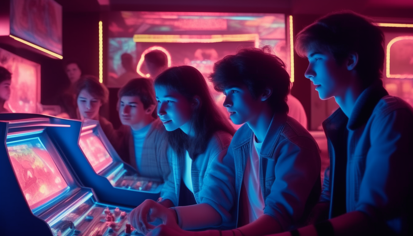 a group of teenagers playing arcade games in a 1980's room filled with neon lighting