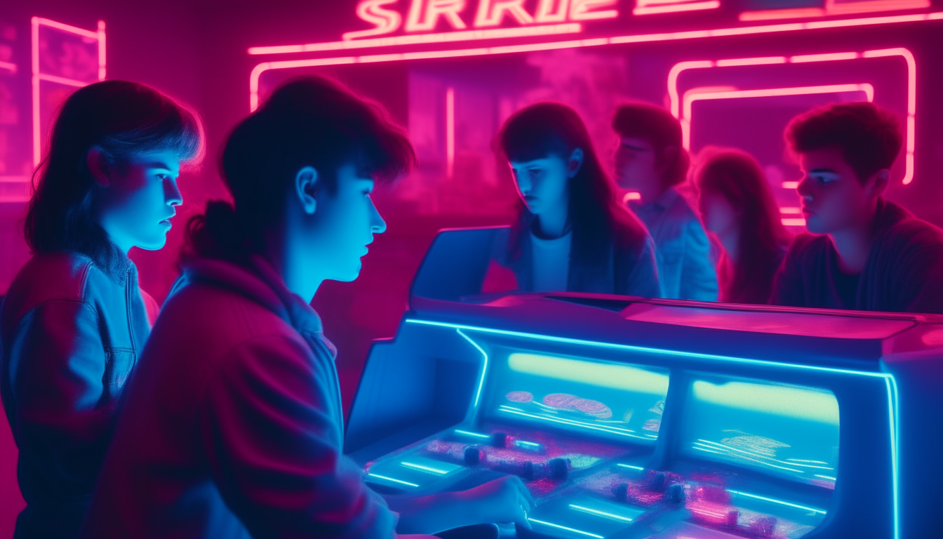 1980's arcade filled with teenagers and neon lighting. Brightly lit sign in foreground says 'Superwave' in large retro font