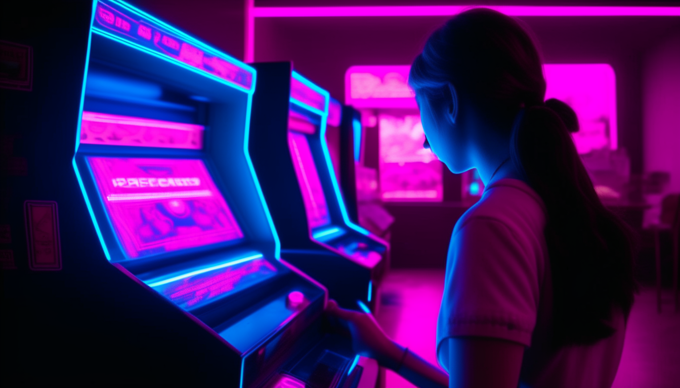 Inside a dark 1980's arcade, a teenager plays a neon-lit game titled SUPERWAVE. The screen glows pink and blue with the game's title.