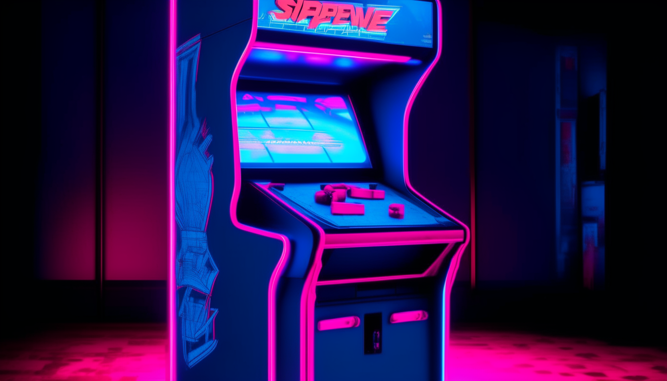 A 1980's arcade game cabinet with glowing neon lights. The screen shows the title SUPERWAVE in a retro pixelated font, on a blue and pink background.