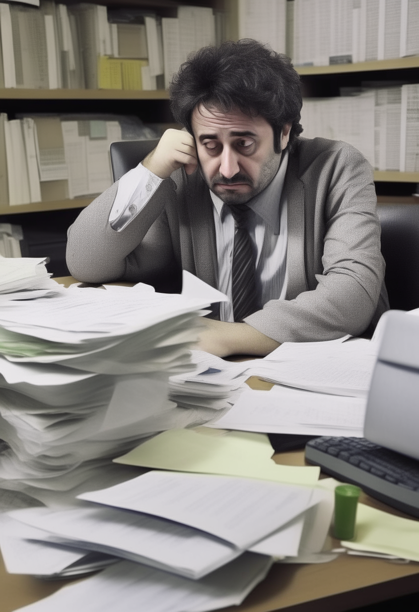 Un uomo stressato seduto ad una scrivania in ufficio, circondato da cartelloni pubblicitari, tv accese su programmi futili, e pile di documenti che rappresentano il lavoro che occupa tutto il suo tempo