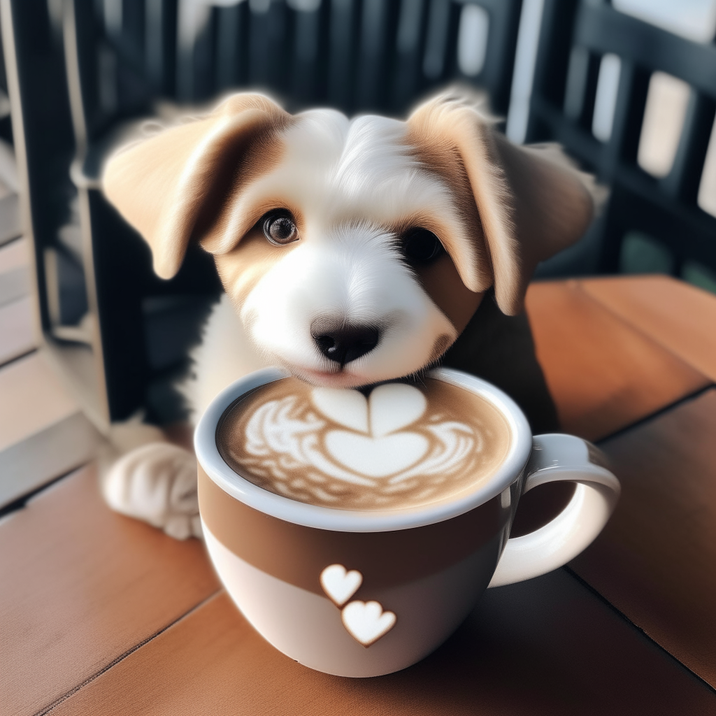 a happy puppy drinking a latte with heart-shaped foam art