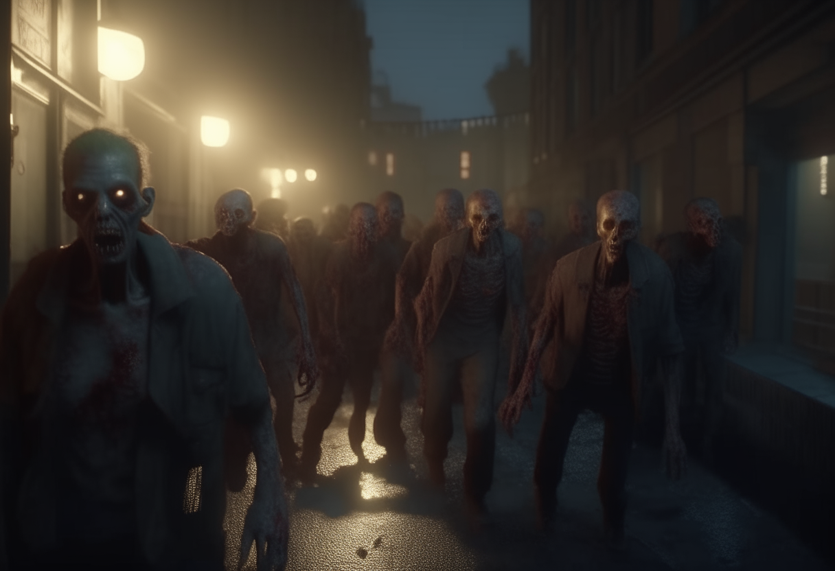 a horde of zombies wandering through an abandoned city street at night, detailed and photorealistic 4k rendering