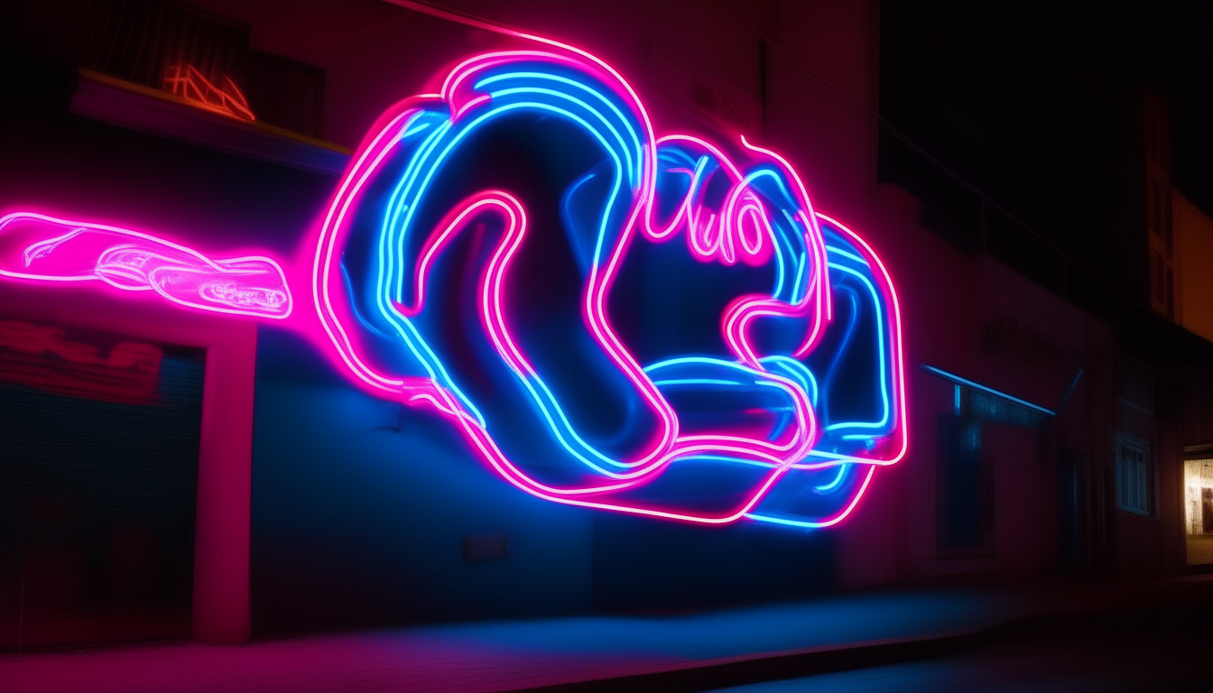 Garota Correndo com medo numa rua movimenta da decada de 1980, Há letreiros iluminados nas cores neon azul e rosa