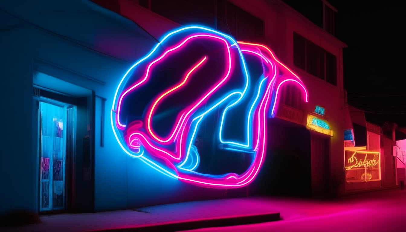 Garota Correndo com medo numa rua movimenta da decada de 1980, Há letreiros iluminados nas cores neon azul e rosa