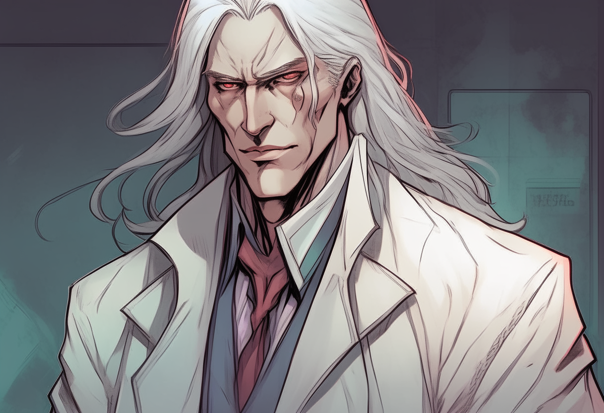 a cyberpunk manga illustration of a pale vampire scientist wearing a tattered white labcoat, he has long white hair and his facial features resemble actor Richard Gere, digital art