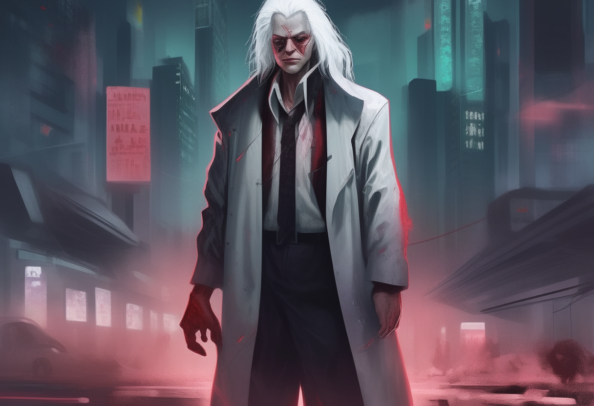 a full length digital painting of a cyberpunk vampire scientist wearing a tattered labcoat, he has long white hair resembling Richard Gere, his pale face and red eyes are visible, he stands in a futuristic city scene