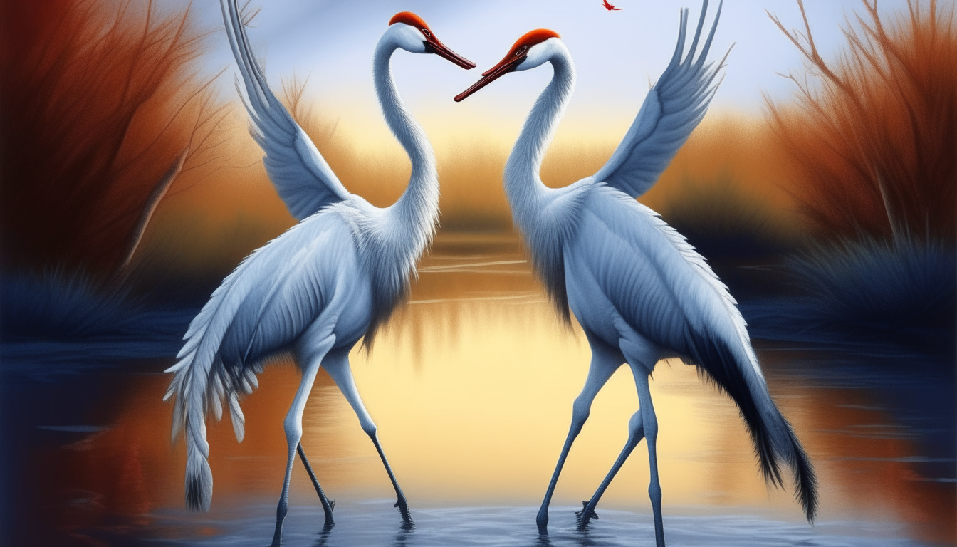 two siberian cranes grus leucogeranus dancing elegantly at a lake in the evening, detailed intricate illustration