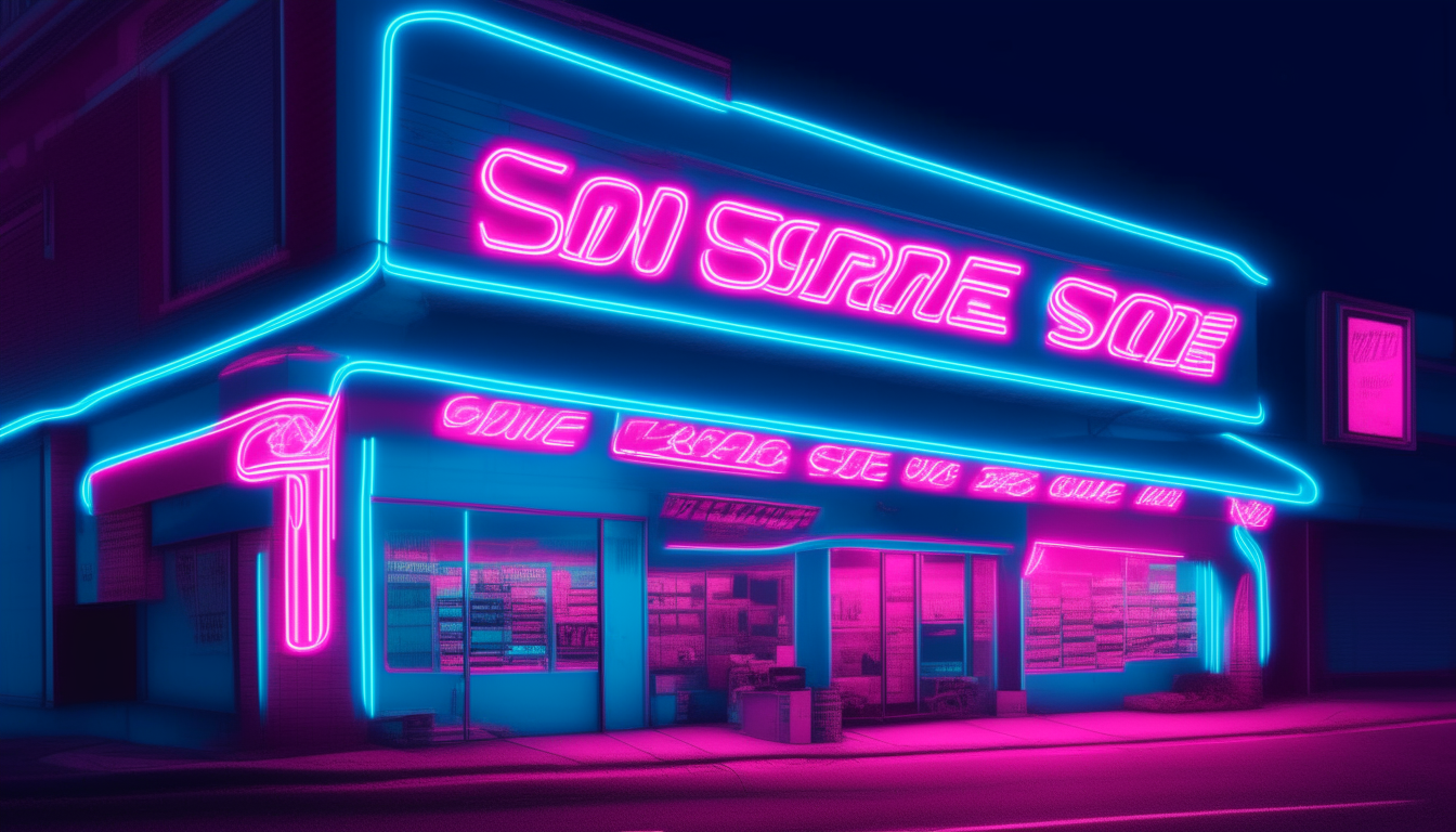 create an image of a 1980s store the name of the store is "SUPERWAVE" with blue and pink neon sign