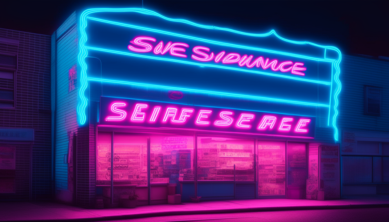 create an image of a 1980s store the name of the store is "SUPERWAVE" with blue and pink neon sign