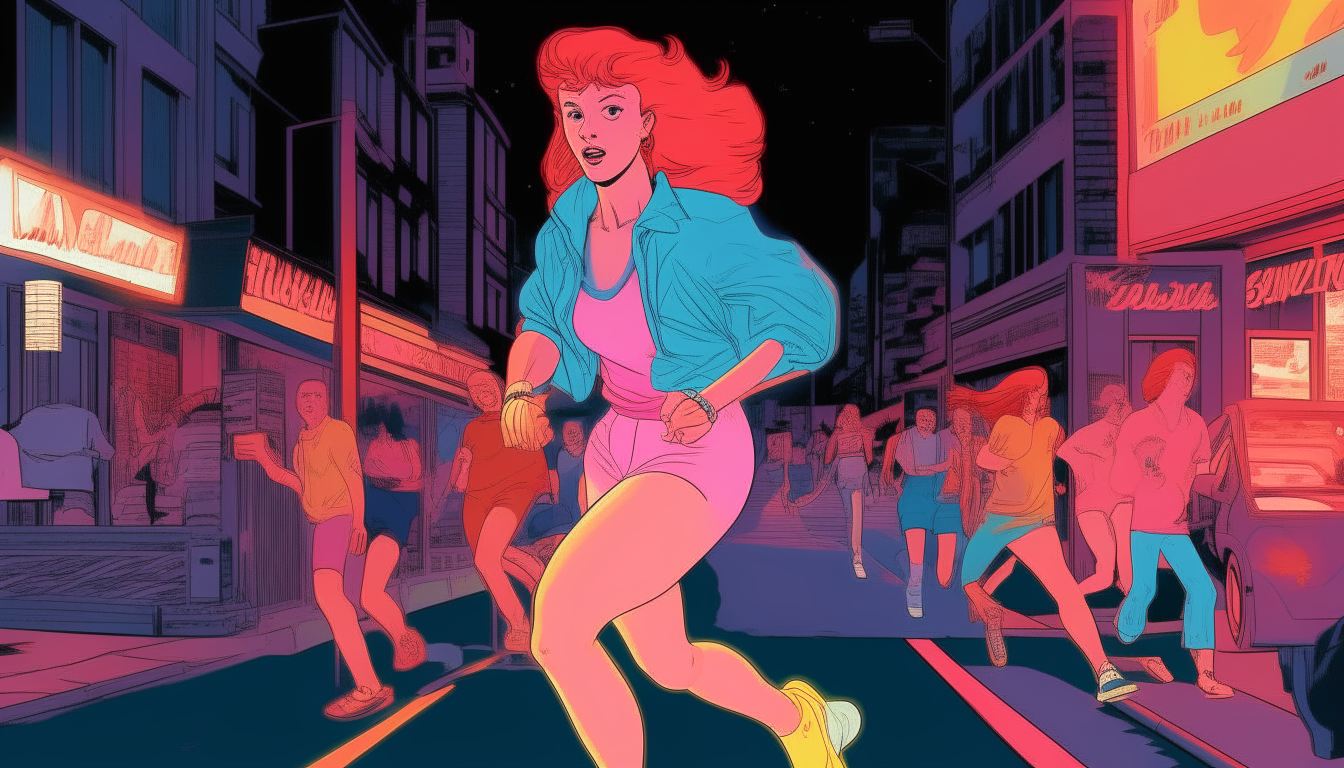 create an image of a red-haired girl running down a busy street in the 1980s. image colors should be neon blue and pink