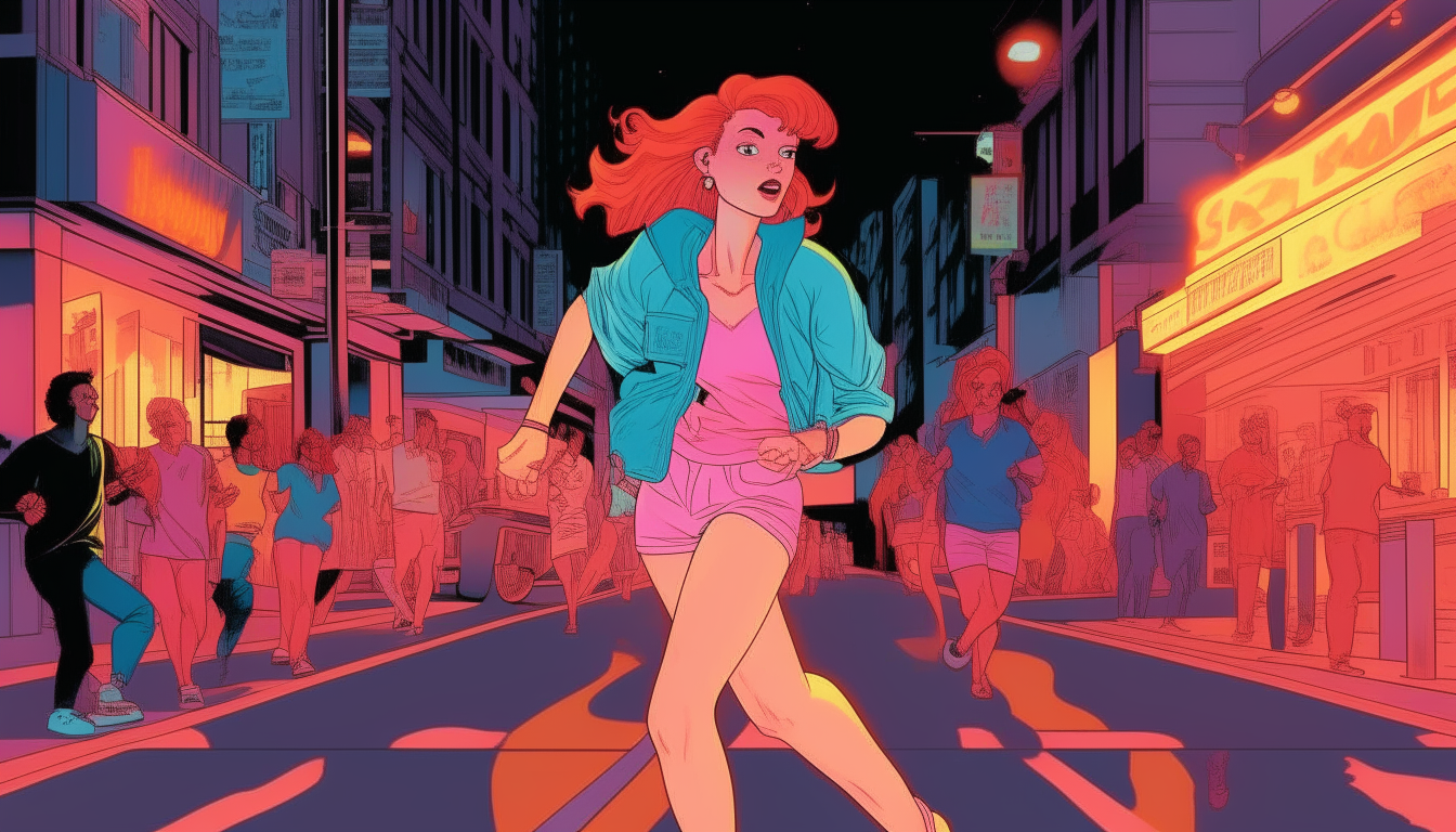 create an image of a red-haired girl running down a busy street in the 1980s. image colors should be neon blue and pink