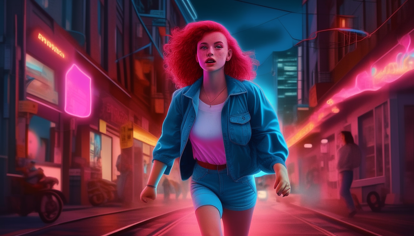 create a realistic image of a red-haired girl running down a busy 1980s street illuminated with neon blue and pink lighting
