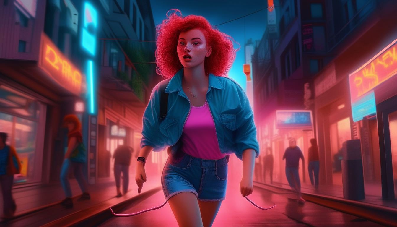 create a realistic image of a red-haired girl running down a busy 1980s street illuminated with neon blue and pink lighting