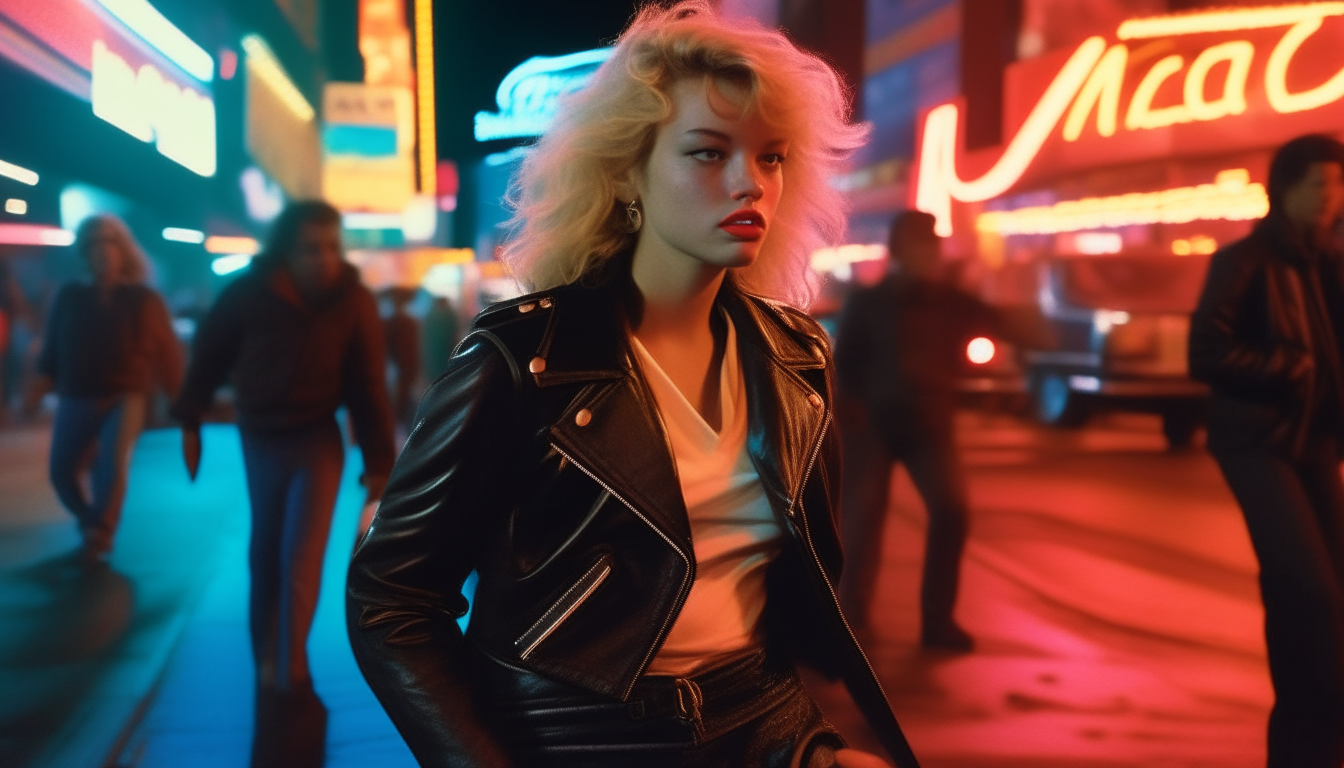 a blonde girl wearing a leather jacket running down a busy neon lit street in the 1980s