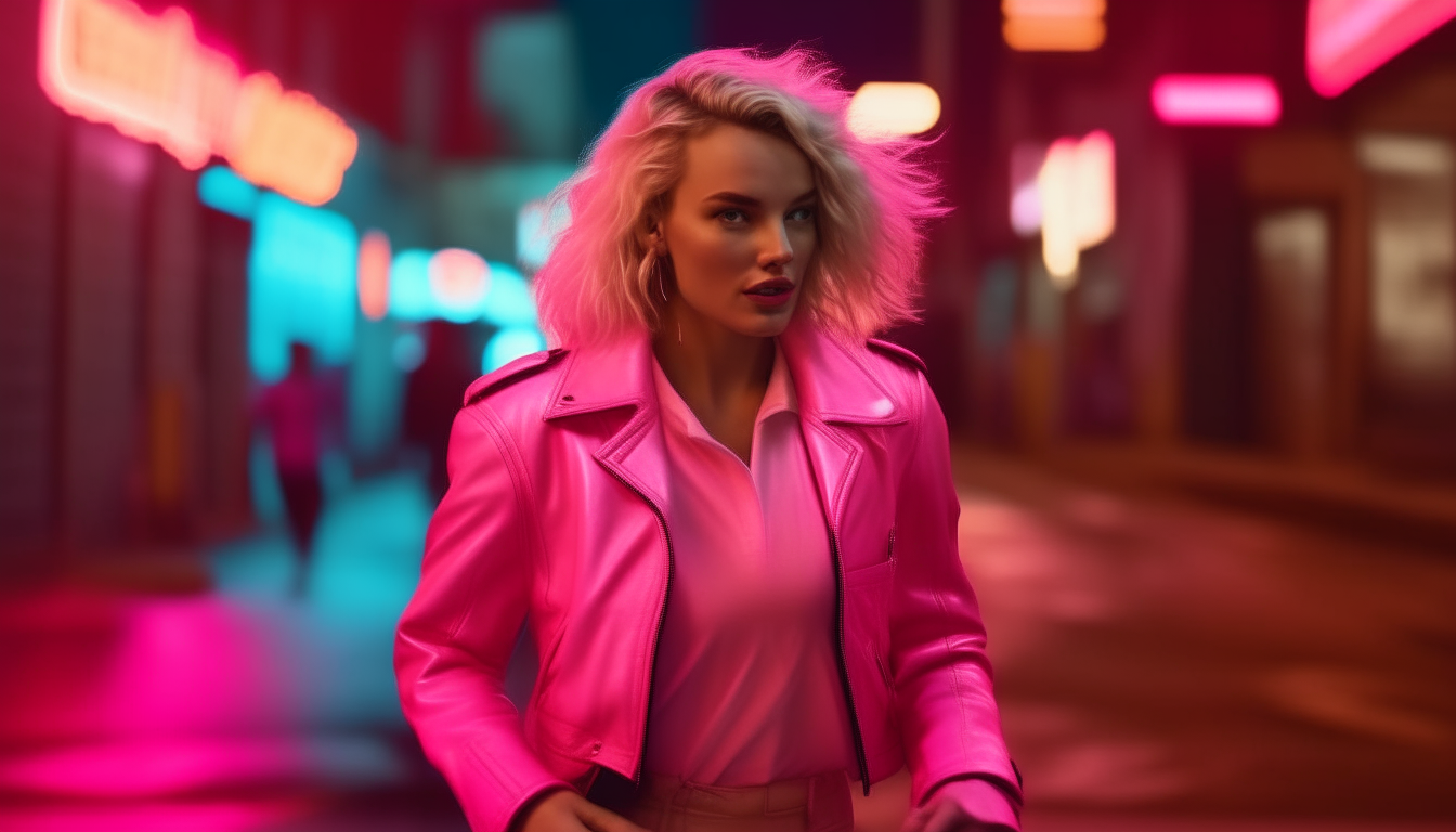 a very attractive blonde girl wearing a pink leather jacket running down a neon lit 1980s street