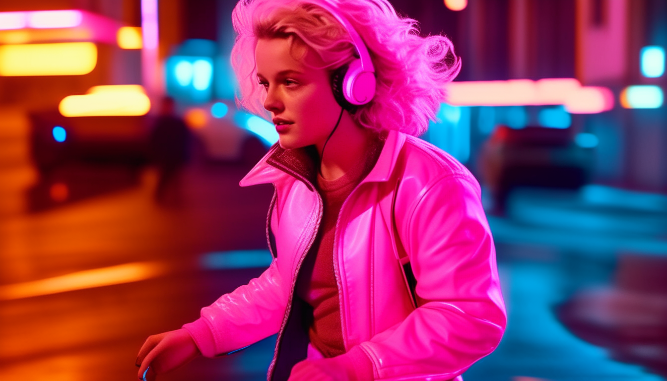 a blonde girl wearing pink leather jacket and headphones running down a neon lit street in the 1980s