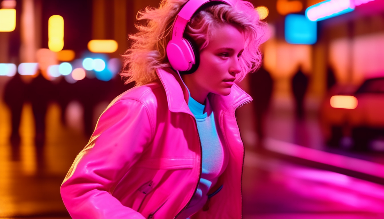 a blonde girl wearing pink leather jacket and headphones running down a neon lit street in the 1980s