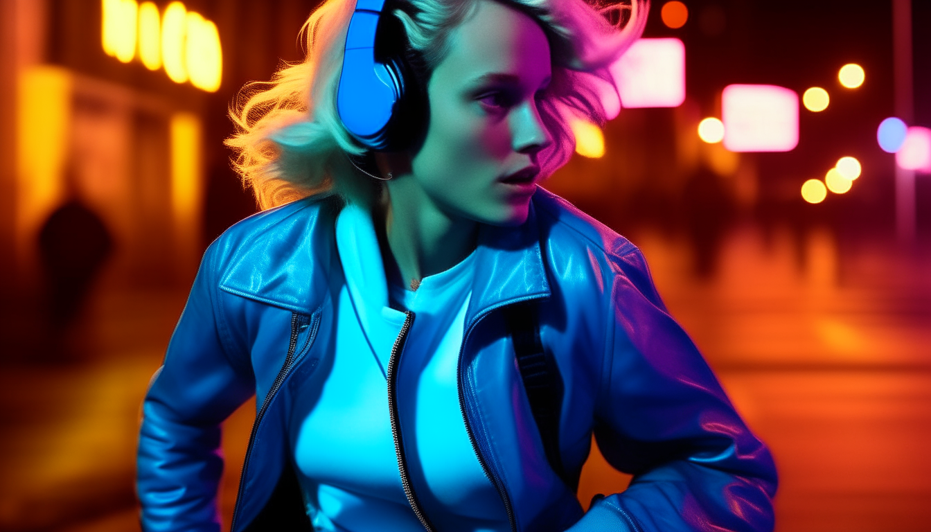 a blonde girl wearing blue leather jacket and headphones running down a neon lit street in the 1980s