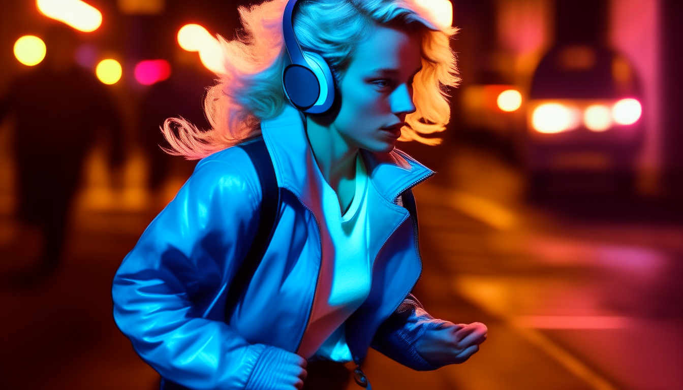 a blonde girl wearing blue leather jacket and headphones running down a neon lit street in the 1980s