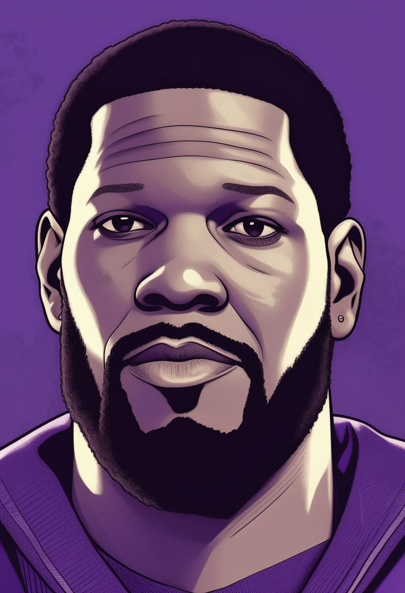 Jonathan Majors with a beard, tall, muscular, wearing a purple baseball uniform, comic book style portrait