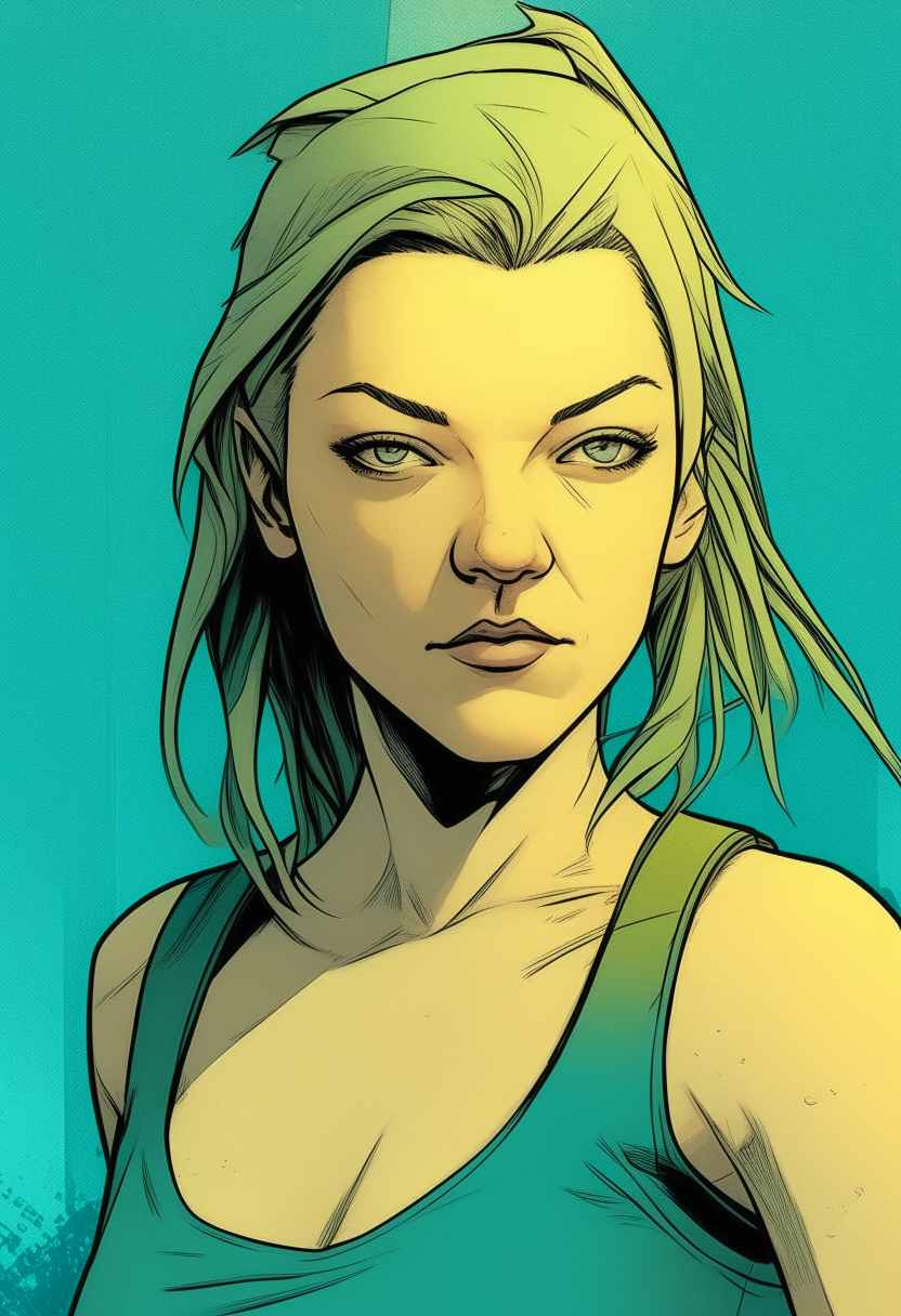 Natalie Dormer with turquoise hair, wearing a yellow tanktop and grey shorts, pale skin, comic book style portrait