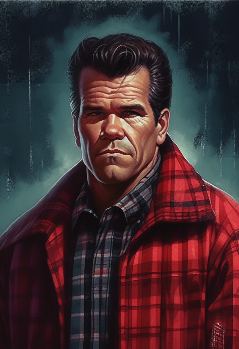 Josh Brolin, Hispanic, heavyset, wearing a red-black plaid trenchcoat, cyberpunk comic book style portrait