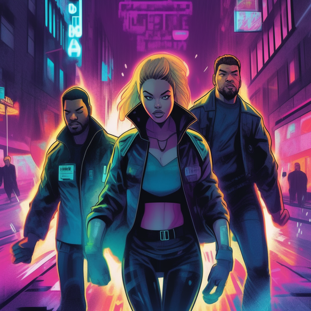 A square comic book style image of Jonathan Majors, Natalie Dormer and Josh Brolin sprinting down a rainy neon lit cyberpunk street wearing their hero outfits