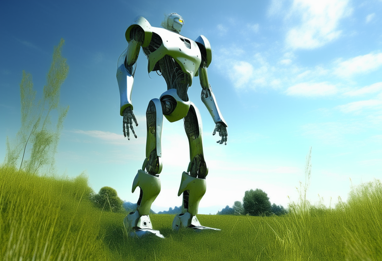 A tall silver humanoid robot walking through a green meadow on a sunny day, digital art