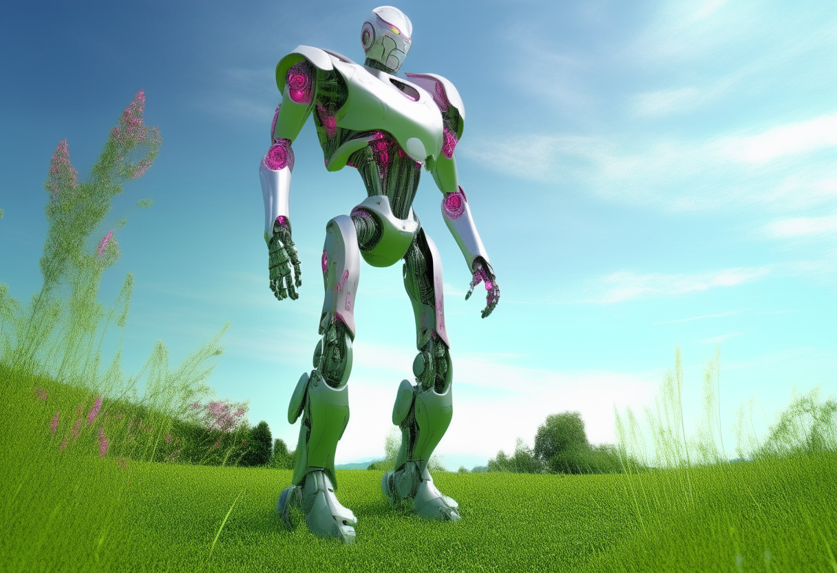 A tall silver humanoid robot walking through a green meadow on a sunny day, with fluorescent pink and green colors