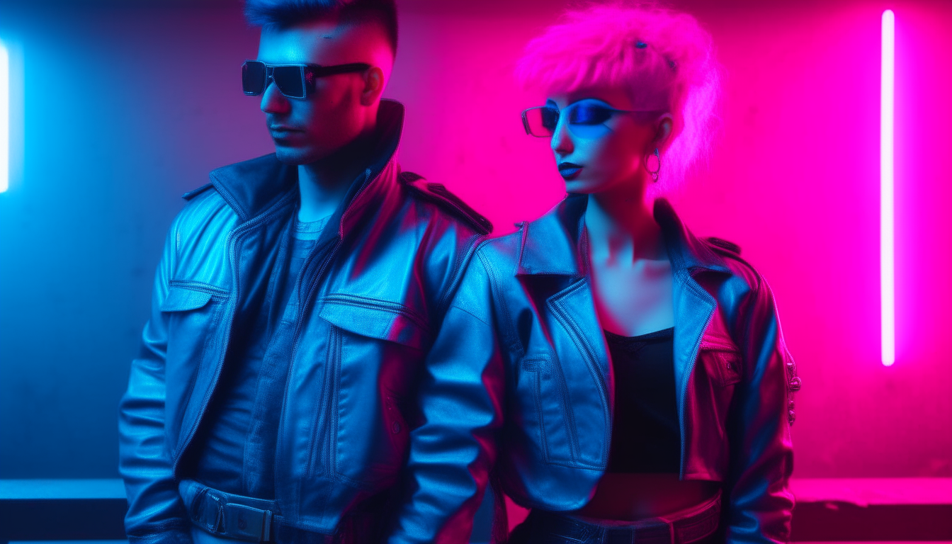 a neon blue and pink cyberpunk couple from the 1980s
