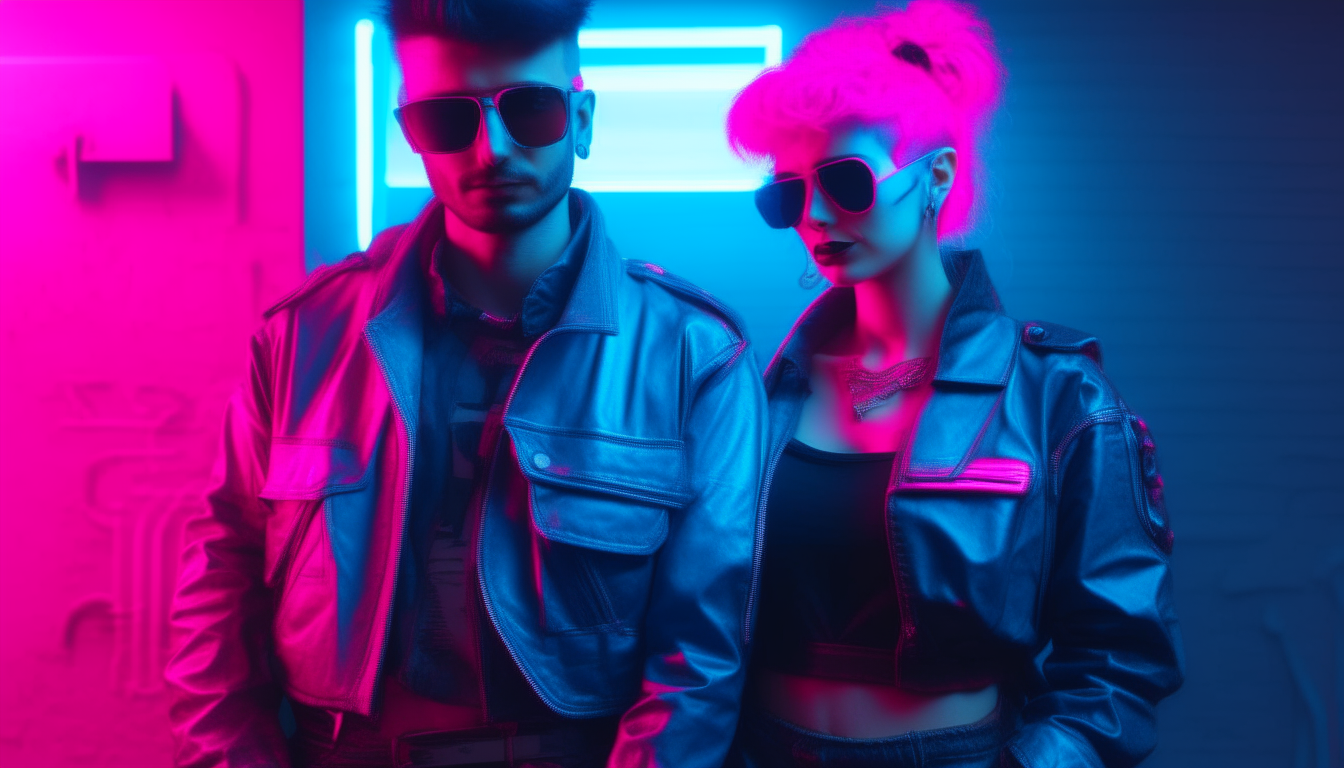 a neon blue and pink cyberpunk couple from the 1980s