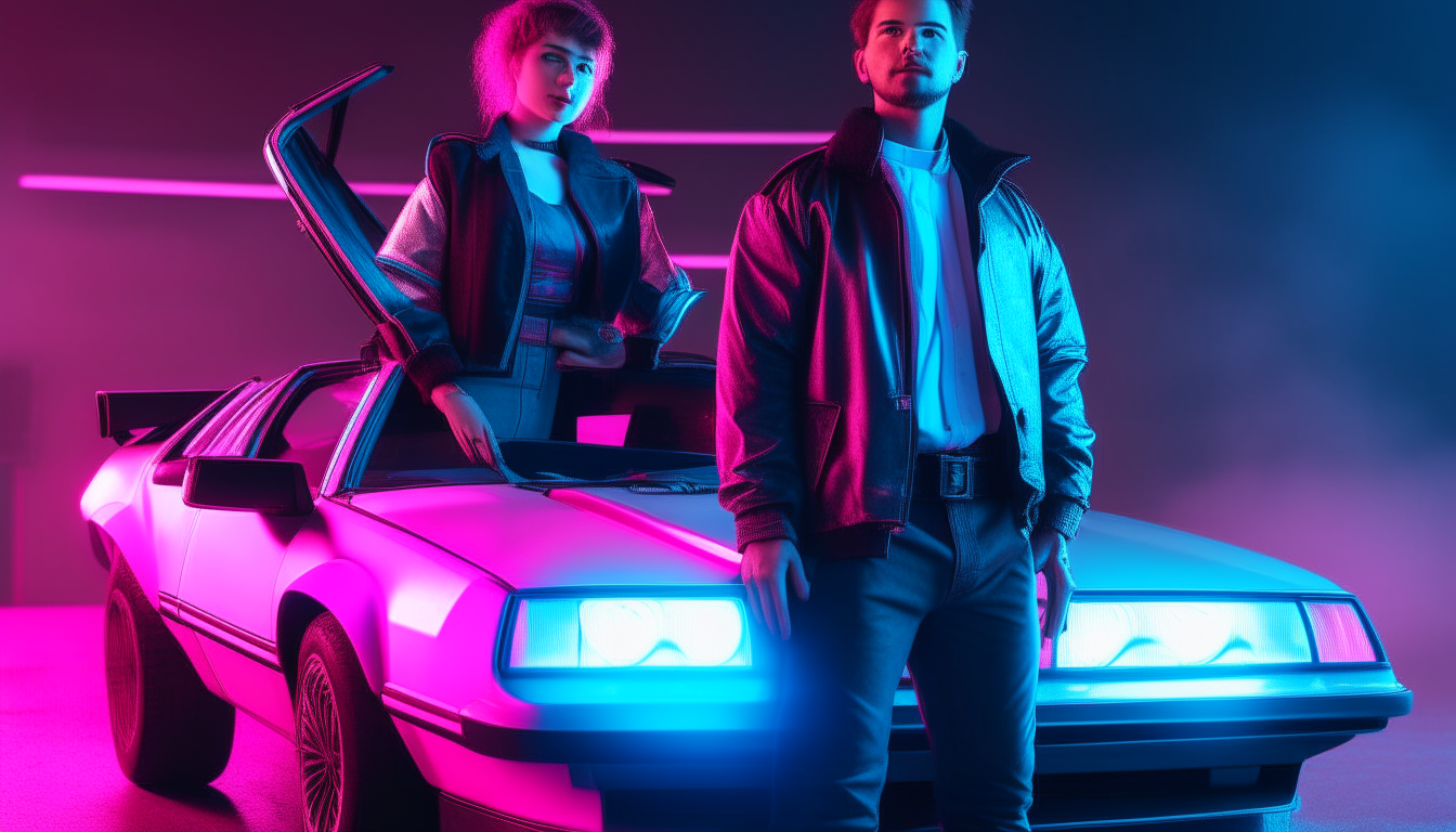 a neon blue and pink cyberpunk couple from the 1980s standing next to an open DeLorean car
