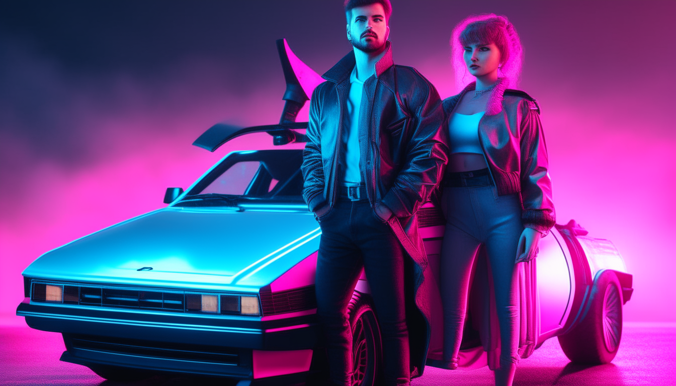 a neon blue and pink cyberpunk couple from the 1980s standing next to an open DeLorean car
