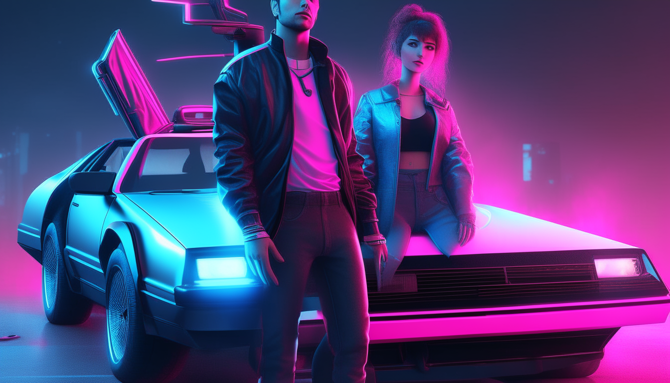 a realistic neon blue and pink cyberpunk couple from the 1980s standing next to an open DeLorean car