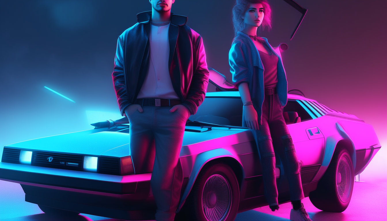 a realistic neon blue and pink cyberpunk couple from the 1980s standing next to an open DeLorean car
