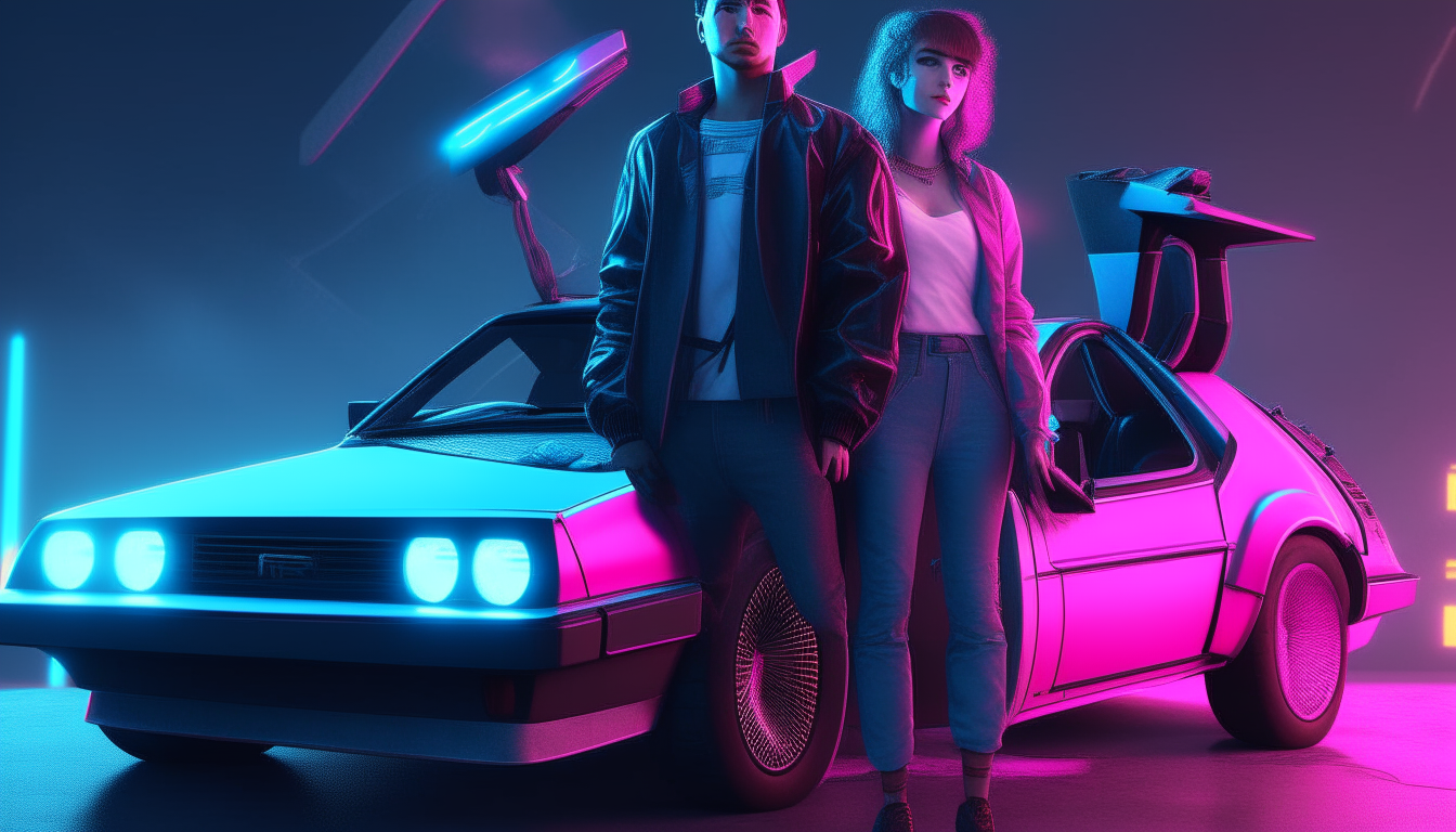 a realistic neon blue and pink cyberpunk couple from the 1980s standing next to an open DeLorean car