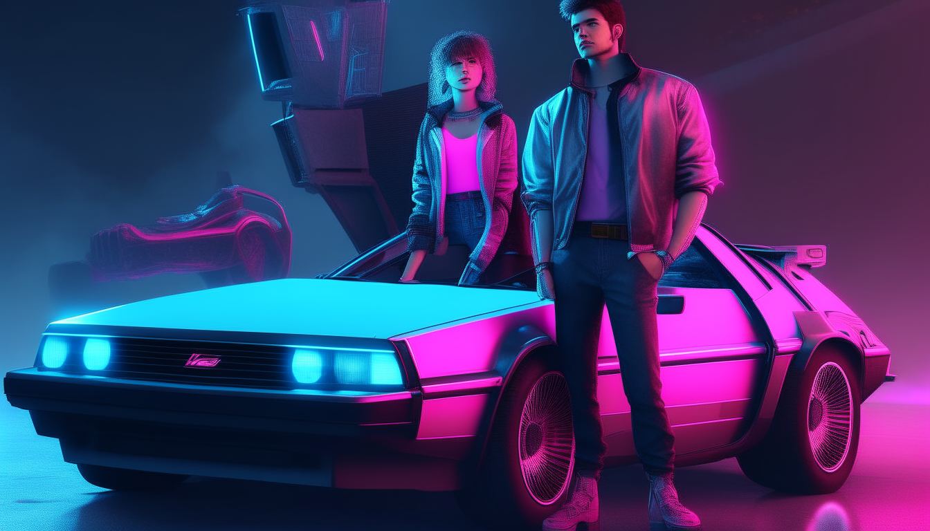 a realistic neon blue and pink cyberpunk couple from the 1980s standing next to an open DeLorean car