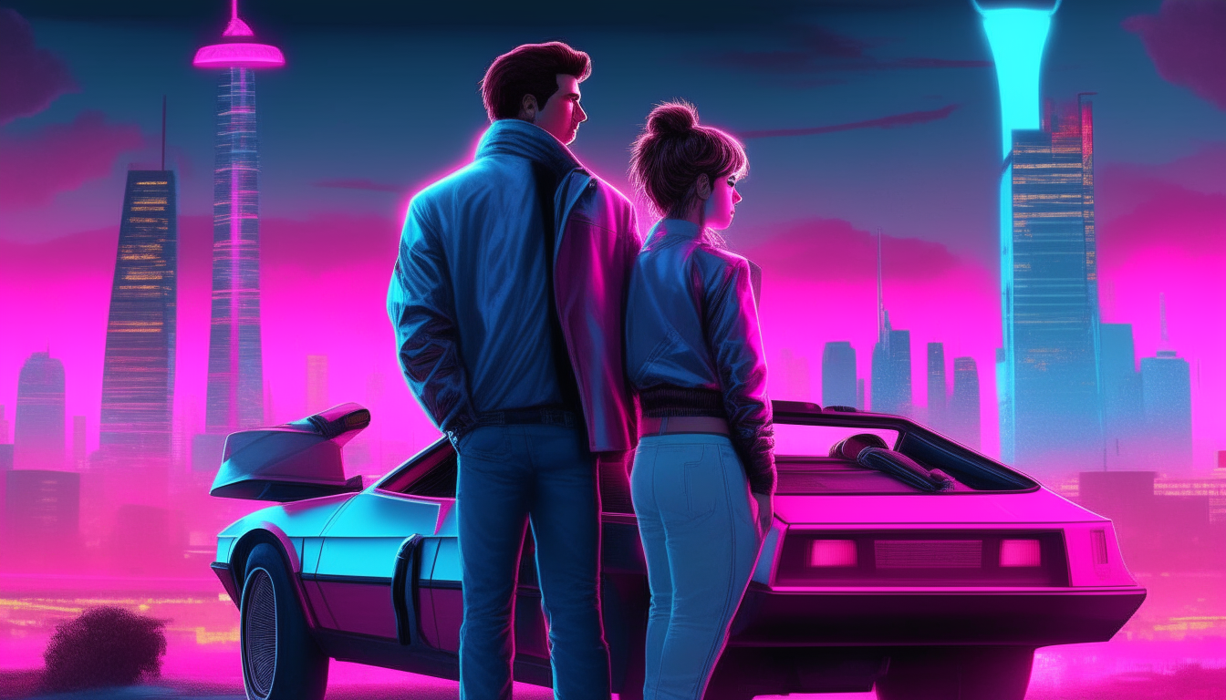 a neon blue and pink cyberpunk couple from the 1980s standing next to an open DeLorean car with a city skyline background
