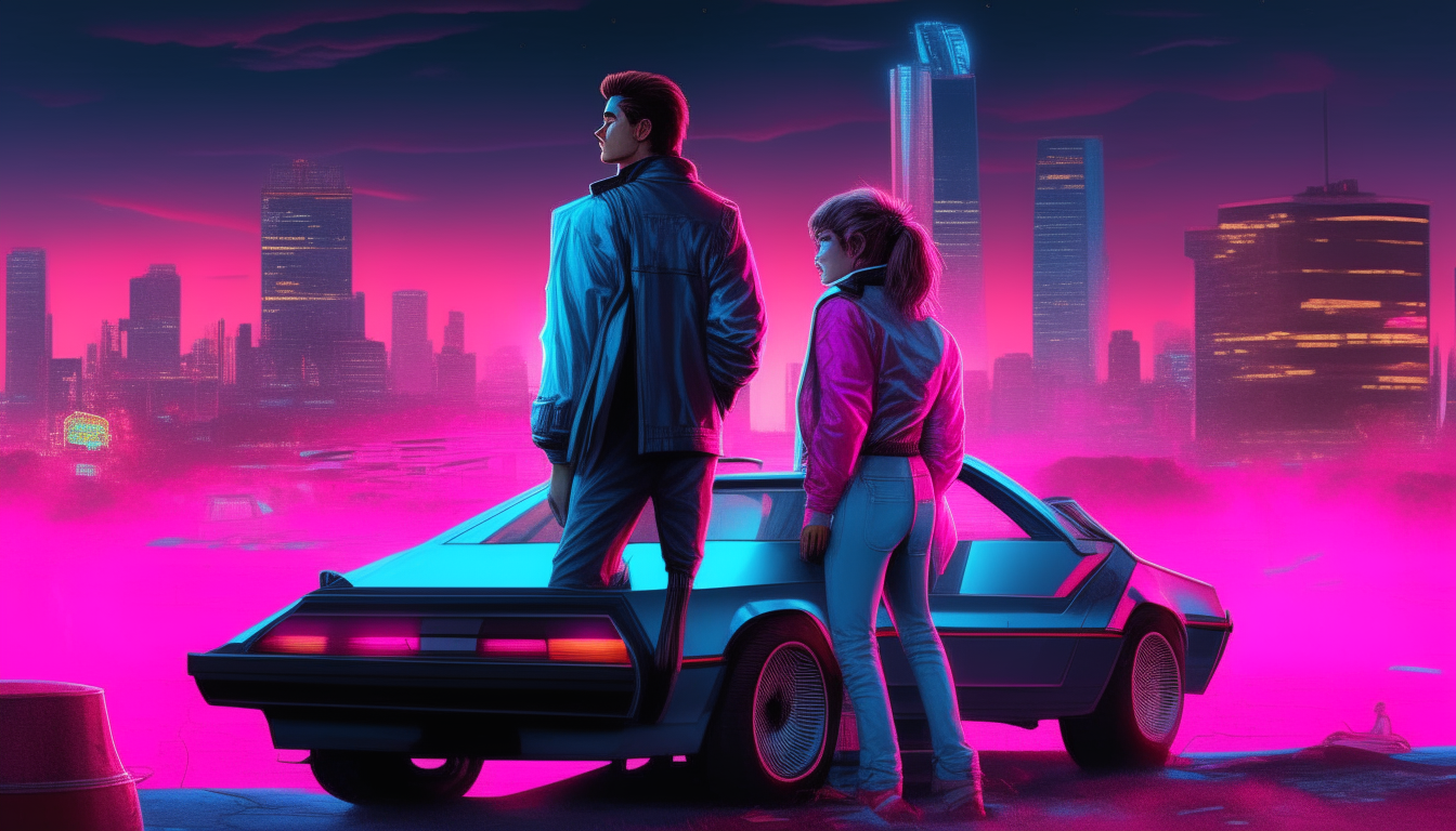 a neon blue and pink cyberpunk couple from the 1980s standing next to an open DeLorean car with a city skyline background