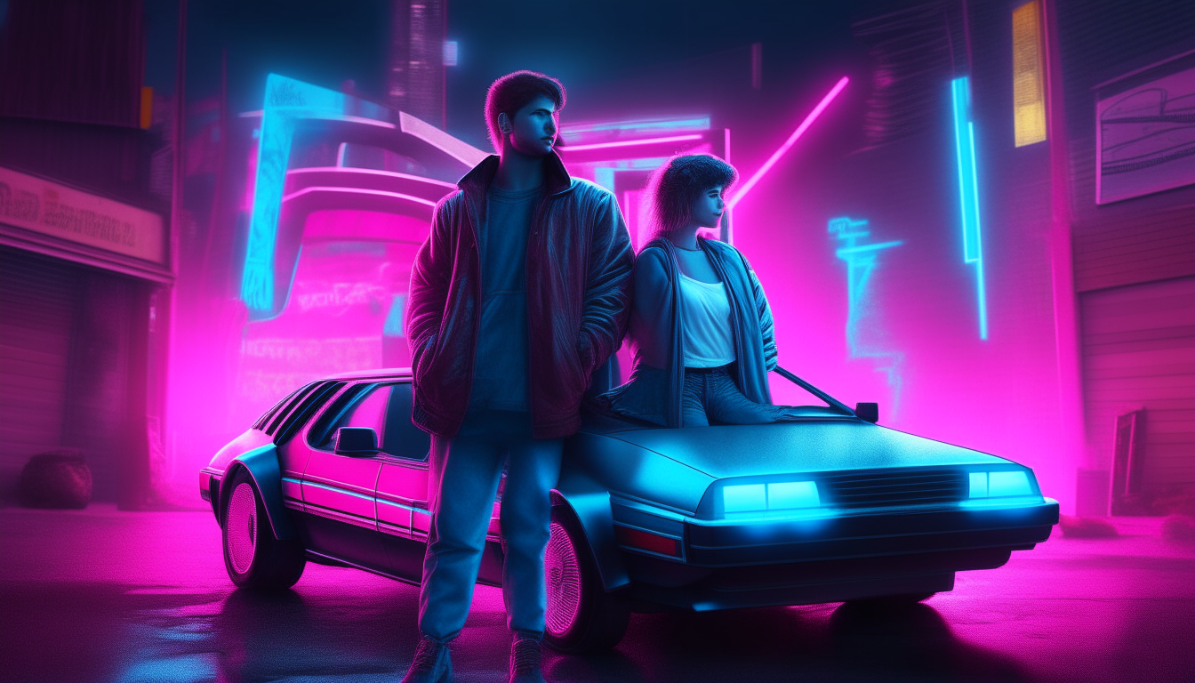 A realistic photo of a neon blue and pink cyberpunk couple from the 1980s standing in a city at night next to an open DeLorean car with the doors up