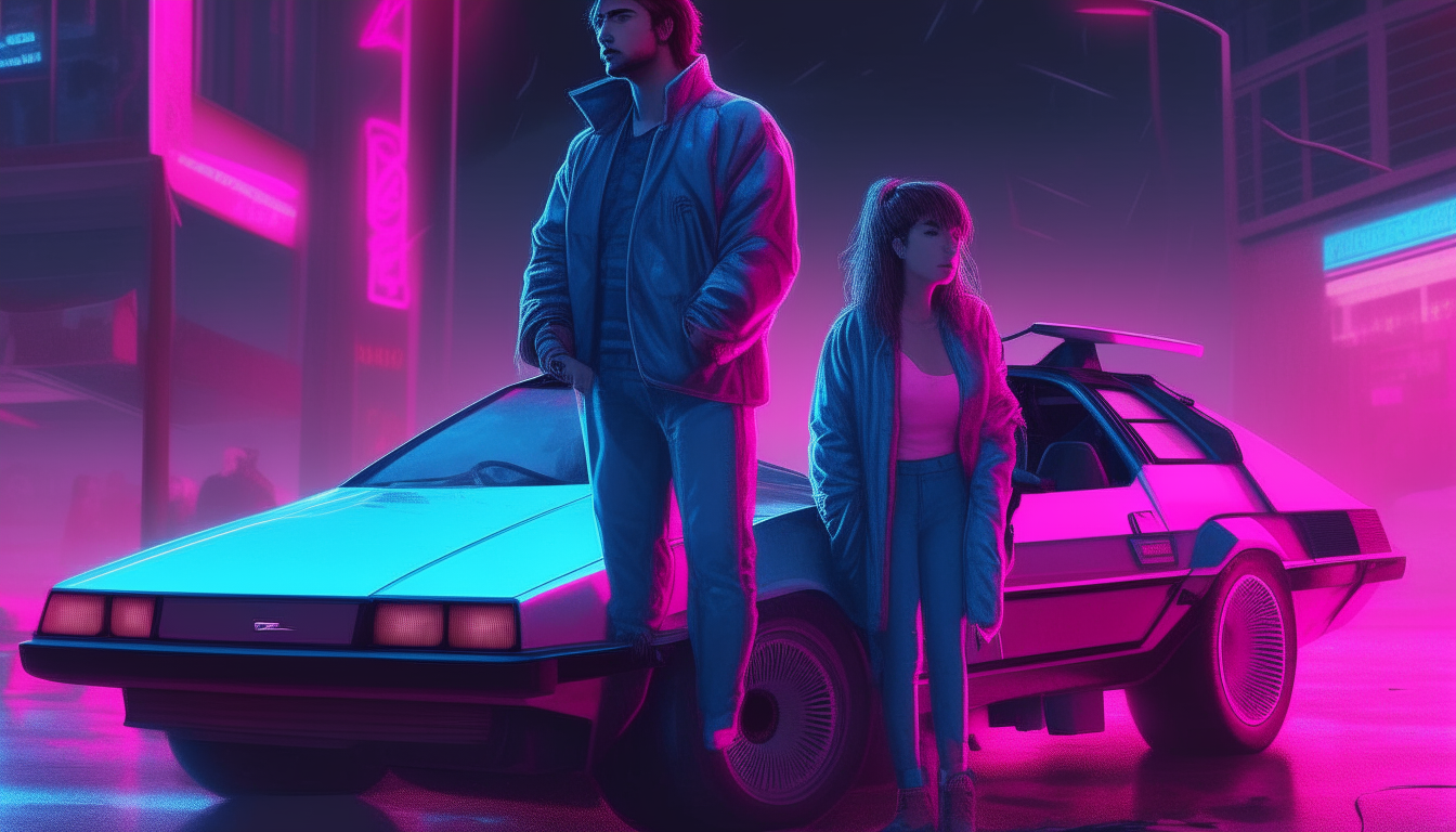 A neon blue and pink cyberpunk couple standing next to an open DeLorean car in a city at night, the woman is not sitting on the car