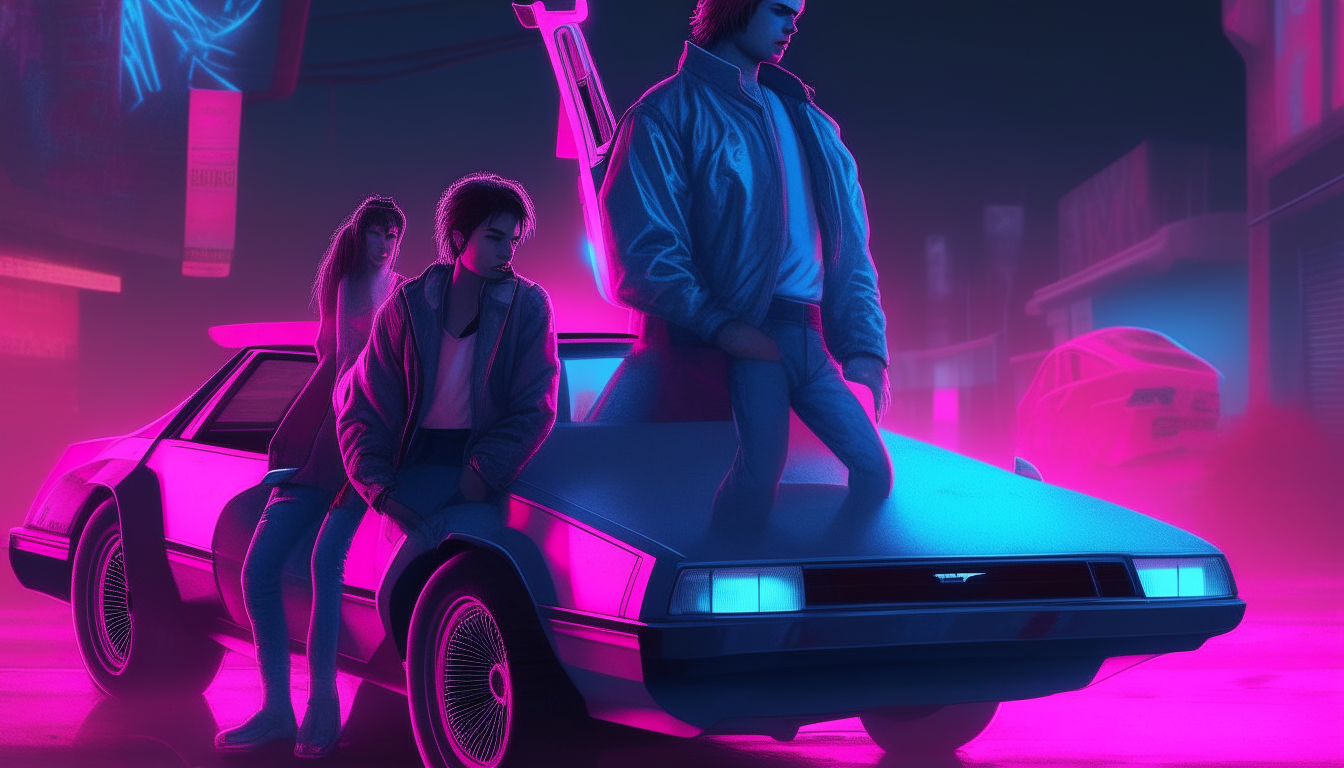 A neon blue and pink cyberpunk couple standing next to an open DeLorean car in a city at night, the woman is not sitting on the car
