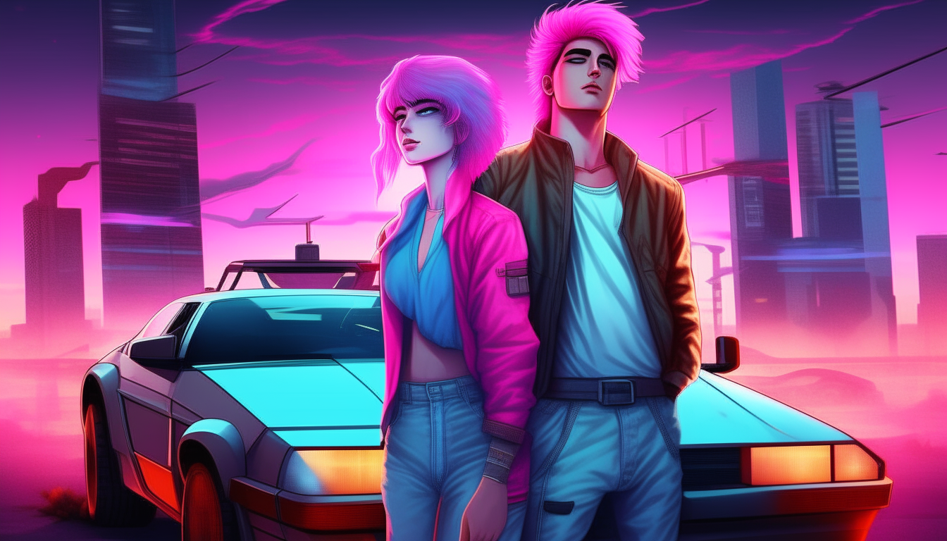 An 80s cyberpunk couple with neon blue and pink hair standing in front of a DeLorean car with the doors open, vaporwave sunset city background