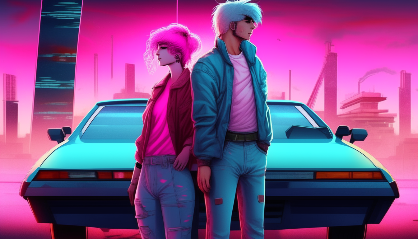 An 80s cyberpunk couple with neon blue and pink hair standing in front of a DeLorean car with the doors open, vaporwave sunset city background