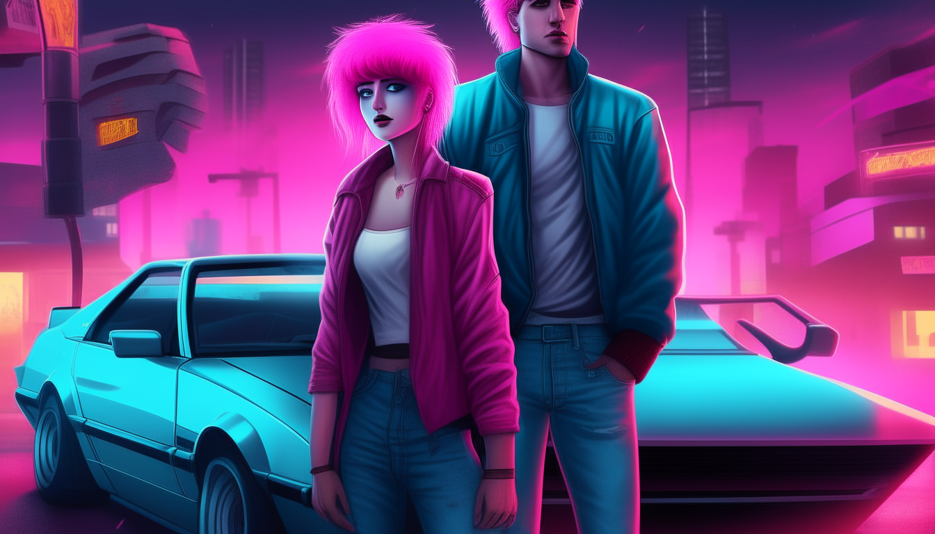 A photorealistic image of an 80s cyberpunk couple with neon blue and pink hair standing in front of a DeLorean car with the doors open in a city at night
